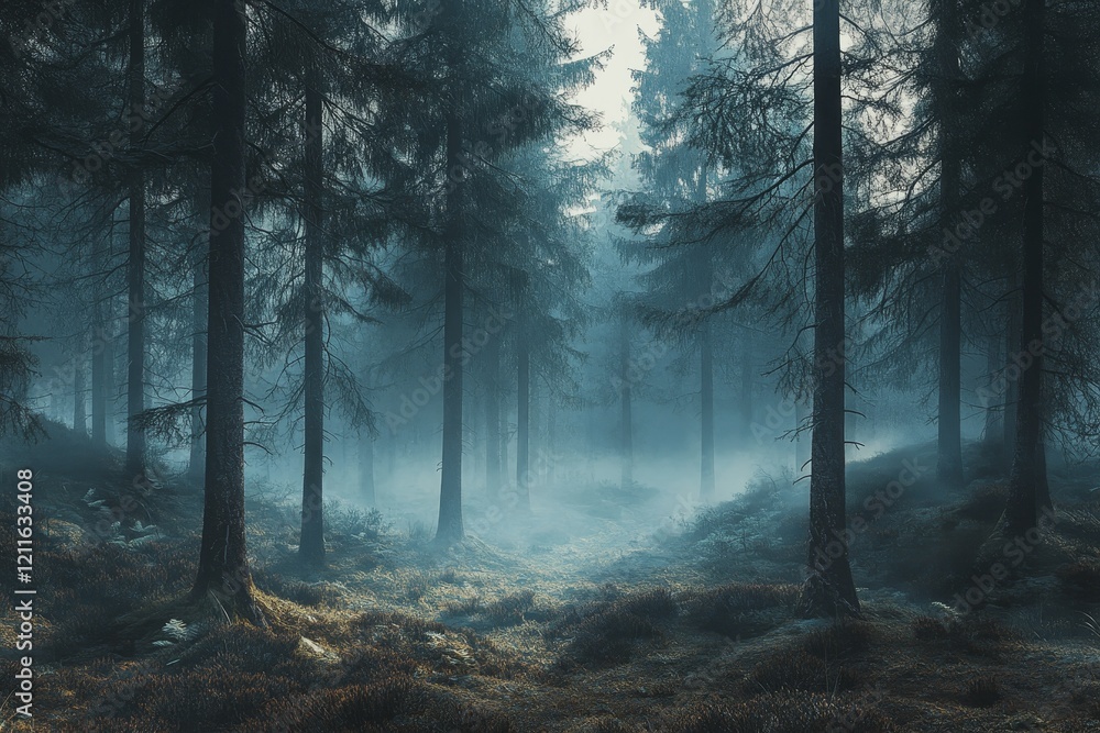 Fototapeta premium Misty, dark evergreen forest path.