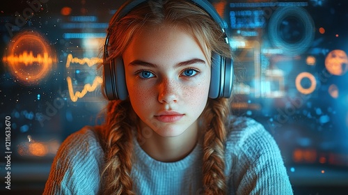 Teen girl in high-tech audiology lab engaged in sound testing process photo