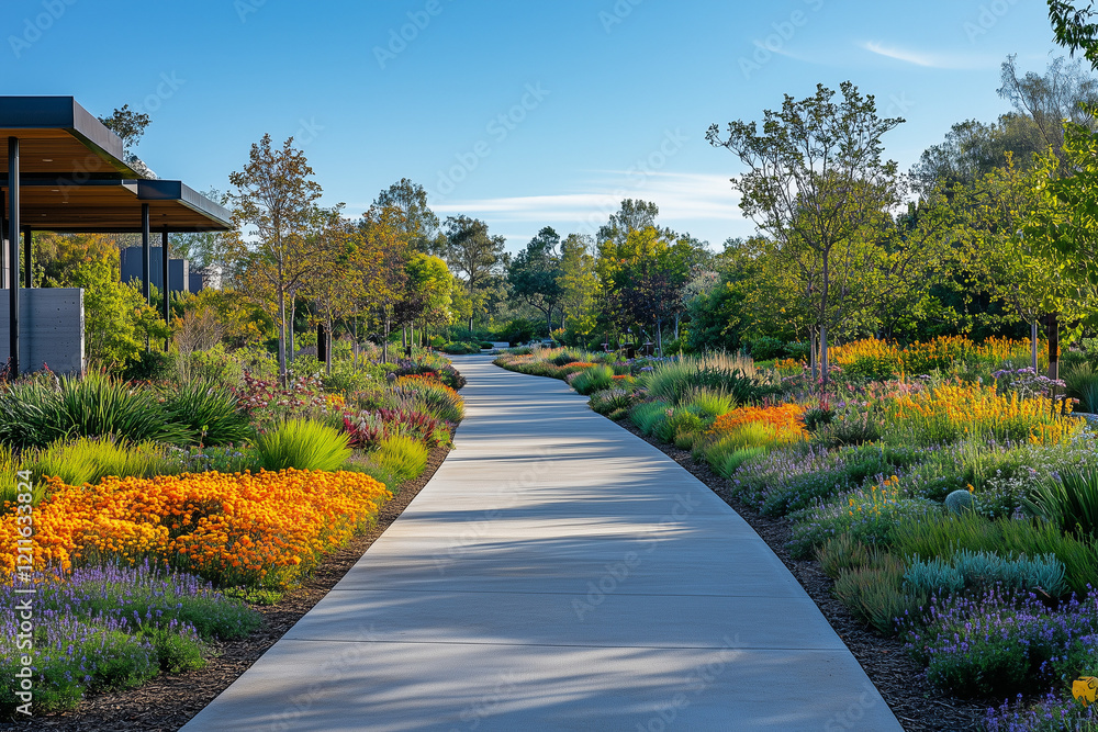 Fototapeta premium Exploring a Vibrant Outdoor Running Lane Bordered by Colorful Bushes