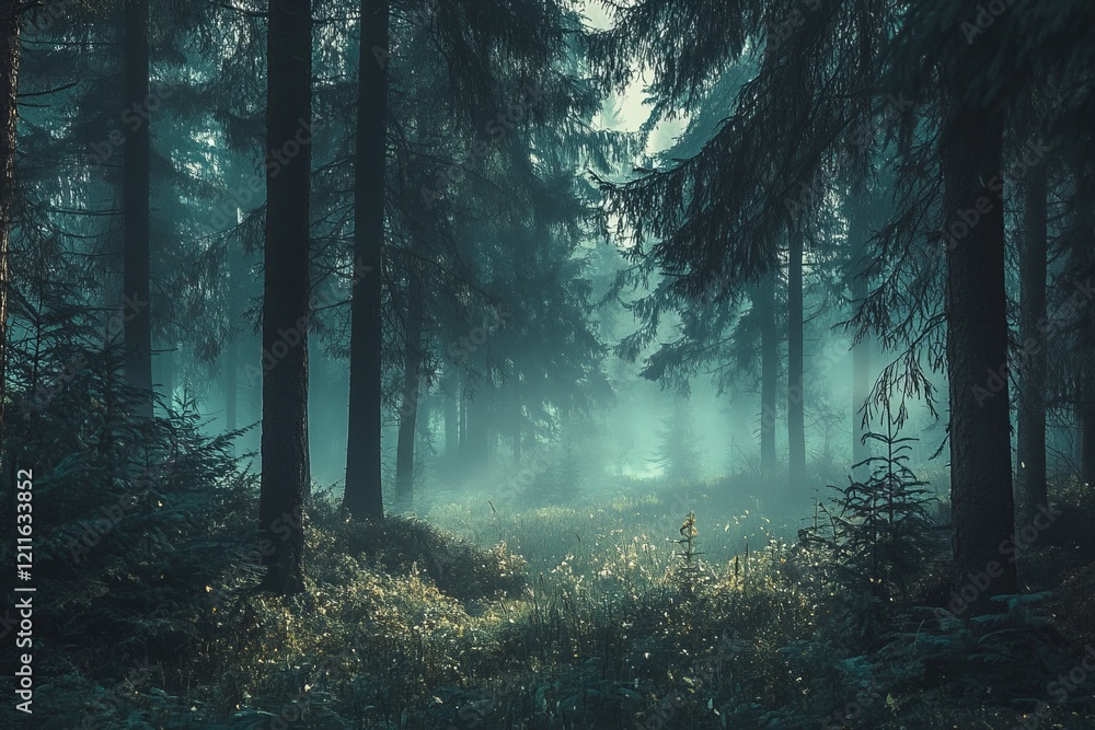 Mystical foggy forest path at dawn. Mystical foggy forest path at dawn.