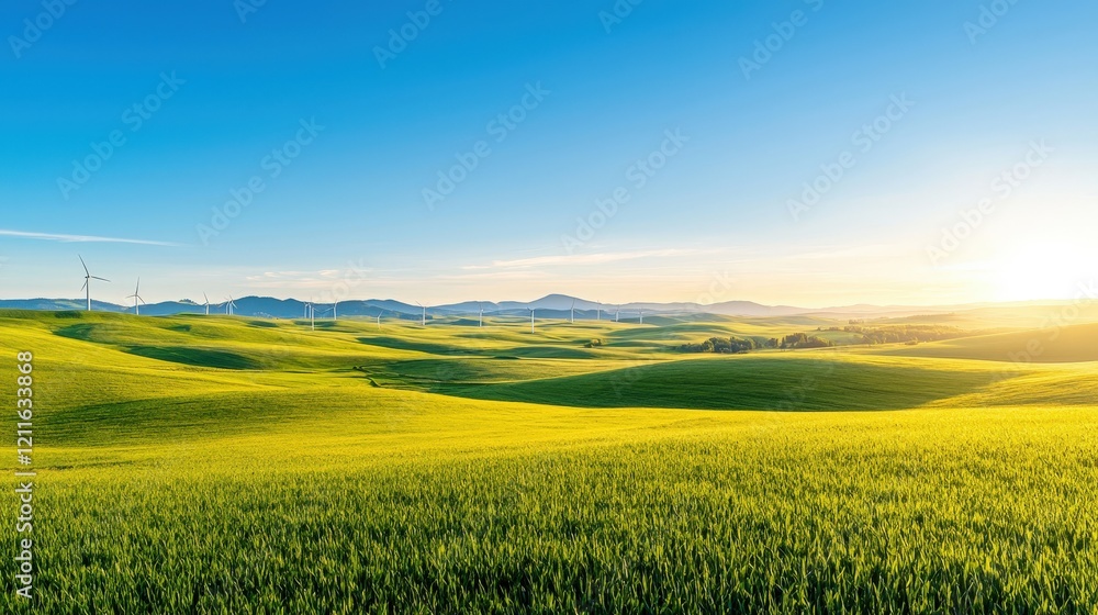 Fototapeta premium Serene Landscape with Wind Turbines and Rolling Hills