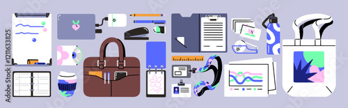 Set of business items. Office supplies for work: stuff badge, briefcase, notepad, notebook, laptop, clipboard with papers. Employees' stationery, corporate elements. Flat isolated vector illustrations