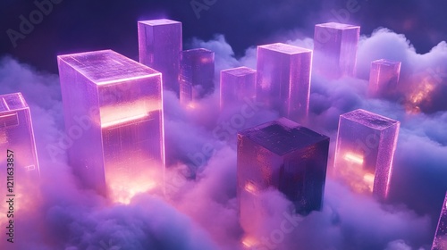 Futuristic skyline with glowing neon skyscrapers amidst colorful clouds, creating an otherworldly atmosphere. photo