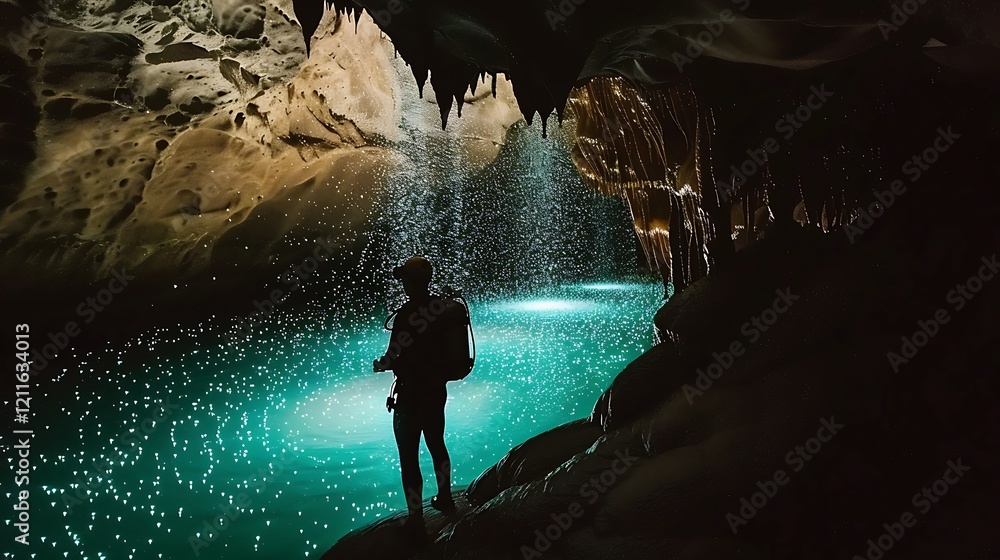 Fototapeta premium A lone explorer stands before a glowing underground lake