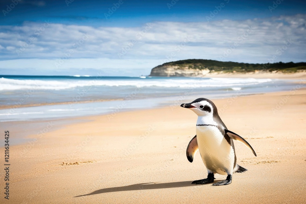 Fototapeta premium A fairy penguin waddling across a sandy beach at Phillip Island, returning from a day of fishing in the ocean