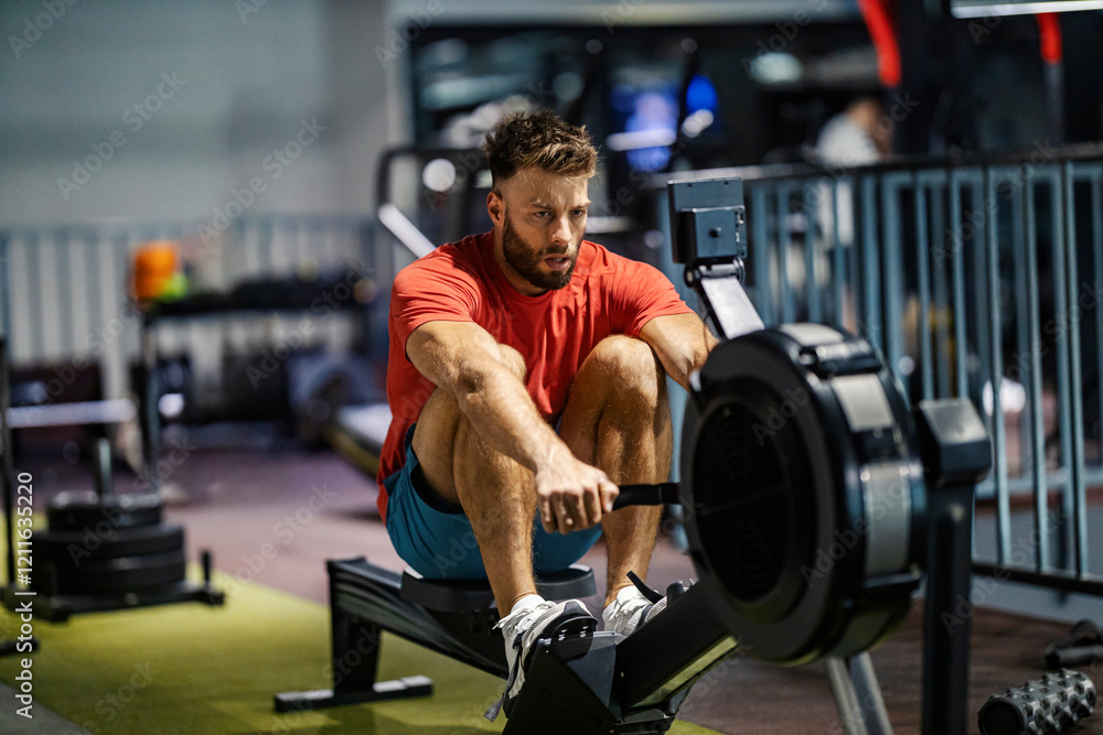 Strong sweaty sportsman practicing on rowing machine at gym during strength training. Strong sweaty sportsman practicing on rowing machine at gym during strength training.