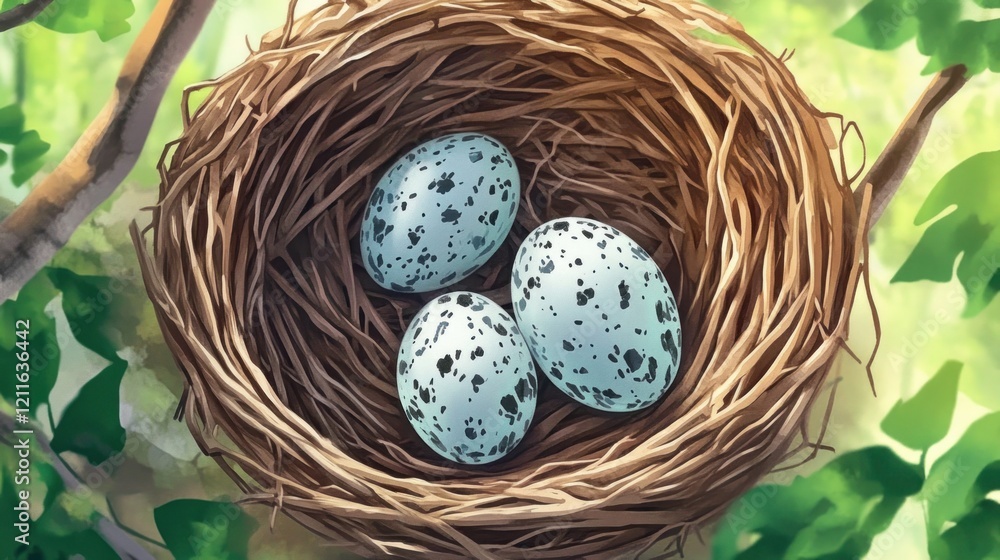 Obraz premium Bird's nest, three speckled eggs, tree branches, sunlight, spring