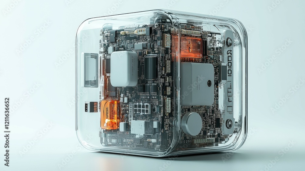 Transparent cube showcasing intricate circuit board on a white background Transparent cube showcasing intricate circuit board on a white background