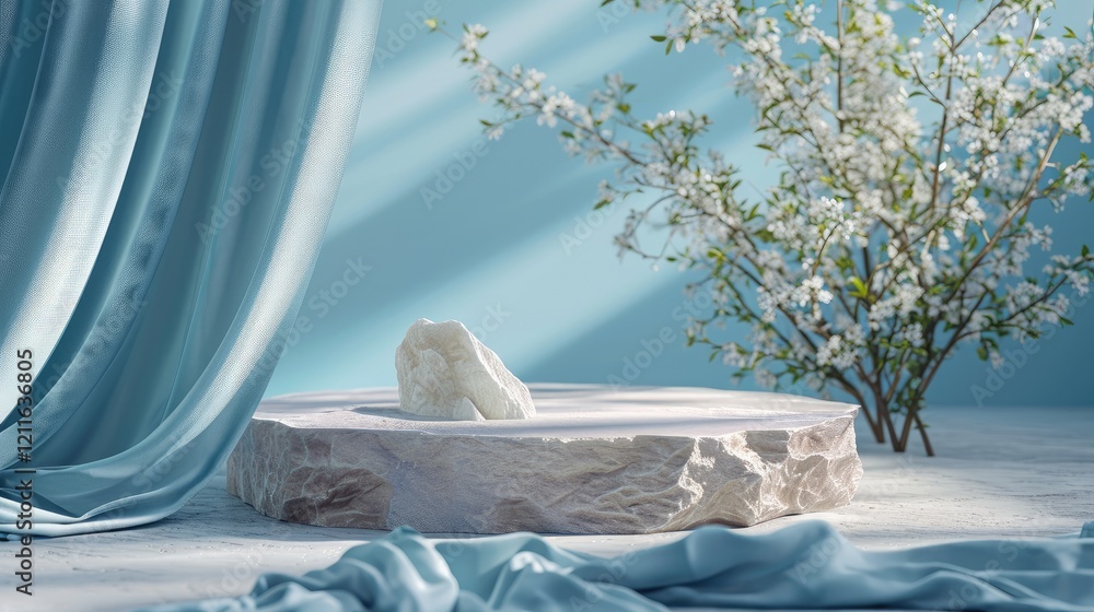 Round Natural Flat Stone Display Pedestal with Blue Drape and White Blossoms Background. Stage Mockup Cosmetic Display