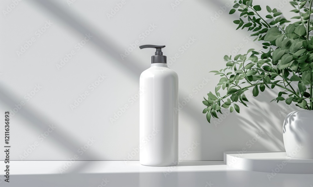 White Cosmetic Shampoo Dispenser Bottle Mock-up near Green Foliage Against White Background. Minimalist product shot