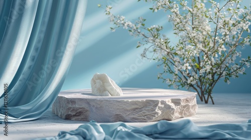 Obraz na płótnie Round Natural Flat Stone Display Pedestal with Blue Drape and White Blossoms Background. Stage Mockup Cosmetic Display w salonie