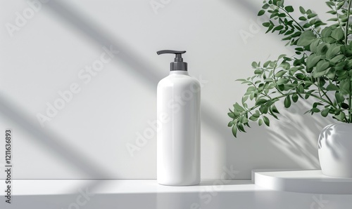 Obraz na płótnie White Cosmetic Shampoo Dispenser Bottle Mock-up near Green Foliage Against White Background. Minimalist product shot w salonie