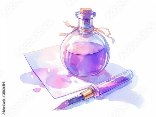 Purple Potion & Quill: A whimsical illustration featuring a glass bottle filled with vibrant purple liquid, corked and tied with a delicate ribbon. photo