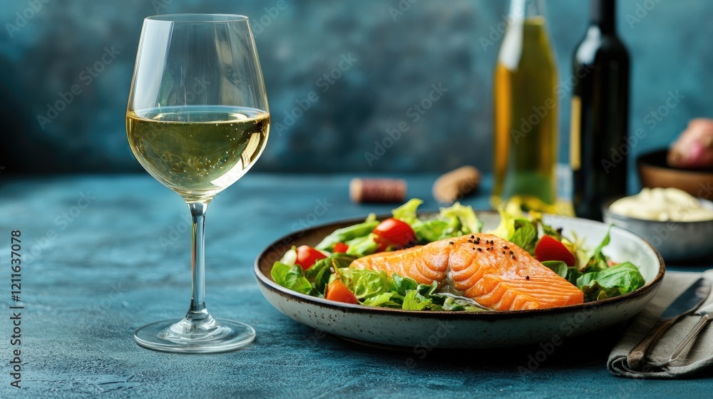 A beautifully arranged dinner setting with a glass of white wine and bottle on a kitchen table, complemented by a vibrant salmon salad, set against a calming blue background. A beautifully arranged dinner setting with a glass of white wine and bottle on a kitchen table, complemented by a vibrant salmon salad, set against a calming blue background.