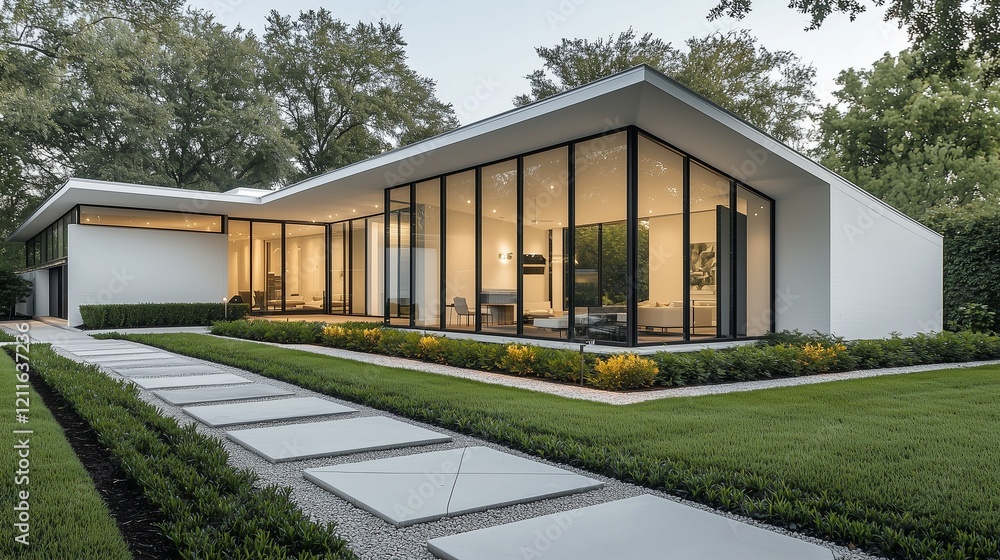 Angular rooflines and glass panels frame a yard with stone paths and geometric plants. Angular rooflines and glass panels frame a yard with stone paths and geometric plants.