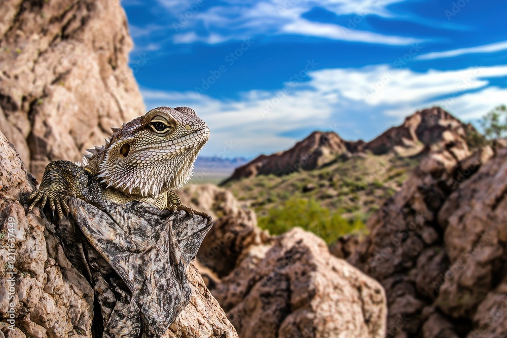 Fototapeta premium A frilled lizard displaying its frill in a defensive posture, camouflaged against a rocky desert terrain.