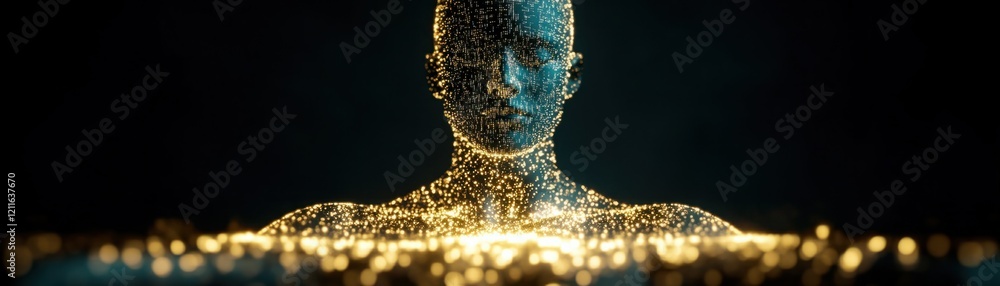 Captivating 3D Render of a Glowing Human Figure Surrounded by Particles, Representing Concepts of Technology, Artificial Intelligence, and Human Connection in a Modern Digital Era Captivating 3D Render of a Glowing Human Figure Surrounded by Particles, Representing Concepts of Technology, Artificial Intelligence, and Human Connection in a Modern Digital Era