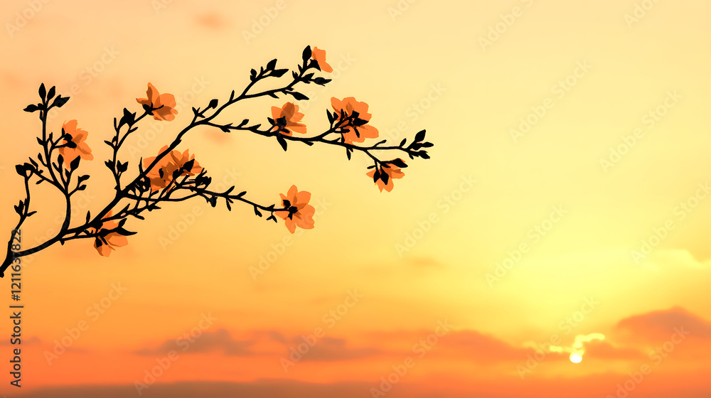 Fototapeta premium A serene sunset featuring delicate flowers on a branch, casting a warm glow against the vibrant sky