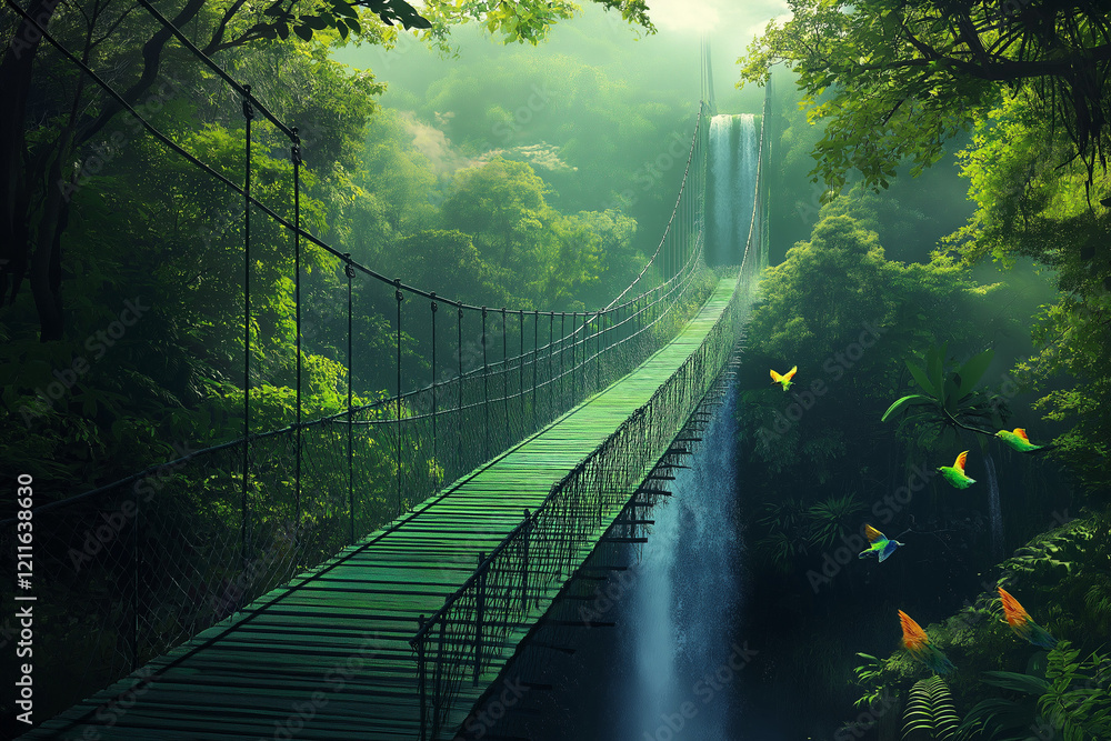 Obraz premium Bright Green Suspension Bridge Over a Misty Waterfall: A Stunning View