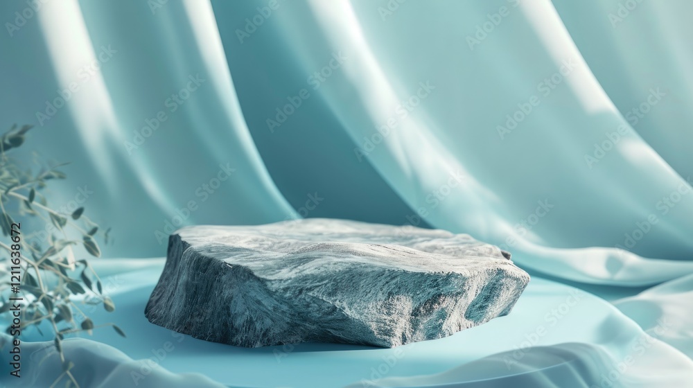 Empty Gray Rock Product Display on a Light Blue Circular Platform Against Flowing Wavy Blue Silk Backdrop