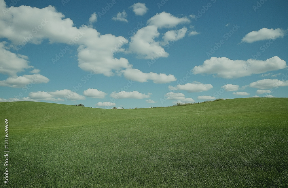 Obraz premium A vibrant green grassy field under a clear blue sky with fluffy white clouds, captured in high definition to showcase the natural beauty and serene atmosphere
