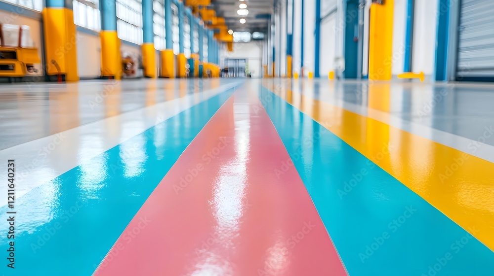 Fototapeta premium Colorful Zoned Factory Floor for Safety and Navigation in Industrial Warehouse