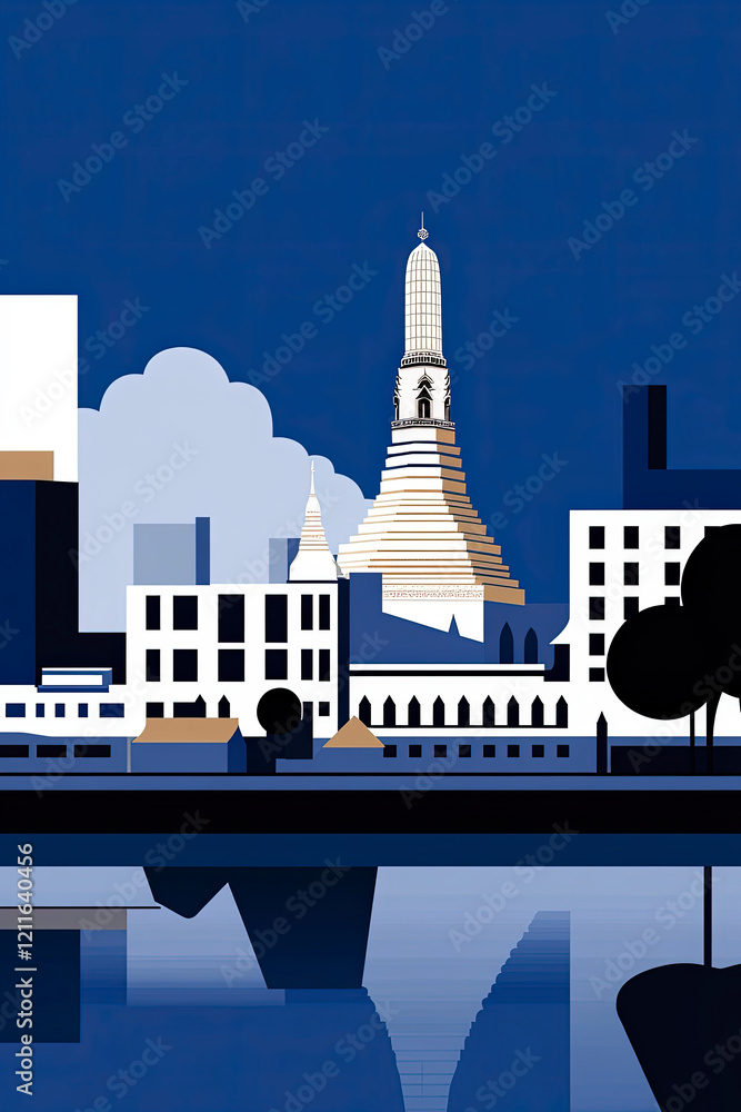 Obraz premium An artistic depiction of a modern cityscape with prominent architectural features, capturing the essence of urban life and innovation through striking forms.