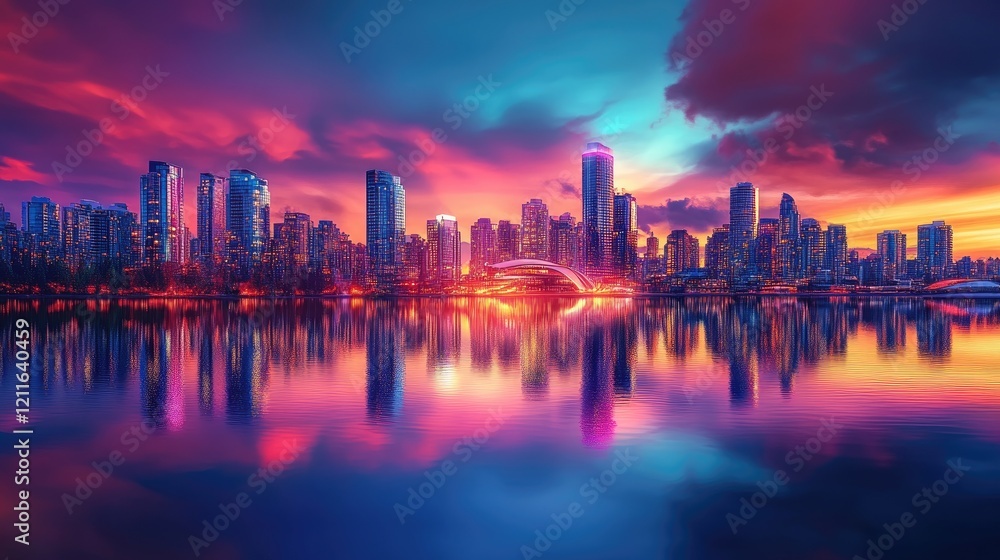 Fototapeta premium A city skyline with futuristic architecture, reflecting vibrant colors on the water under a dramatic sunset sky, creating a stunning cityscape.