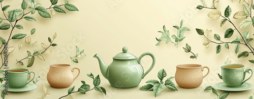 Seamless pattern of teapots, cups, and tea leaves in soft green and beige tones, calming and elegant