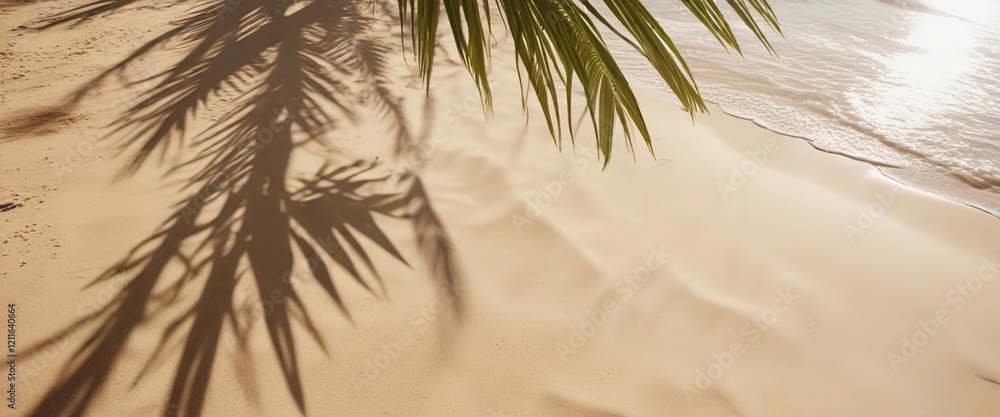 Palm leaf shadows casting on sandy beach background with copy space, sunlight, palm trees Palm leaf shadows casting on sandy beach background with copy space, sunlight, palm trees