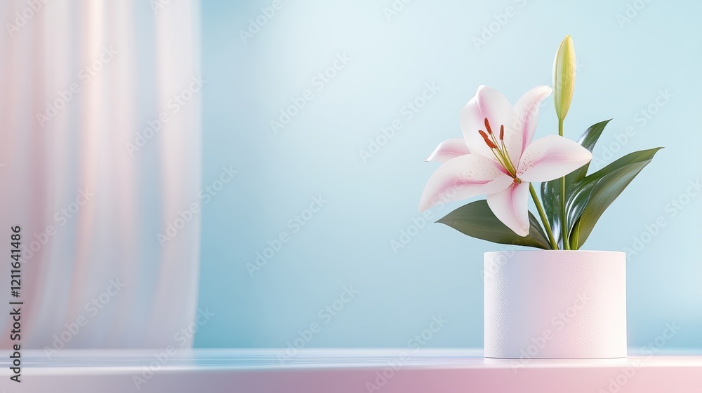 Obraz premium A radiant lily positioned on a rainbow podium with a shimmering curtain backdrop.