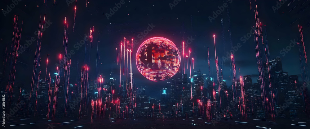 Neon Cityscape Data Streams & Moon Neon Cityscape Data Streams & Moon