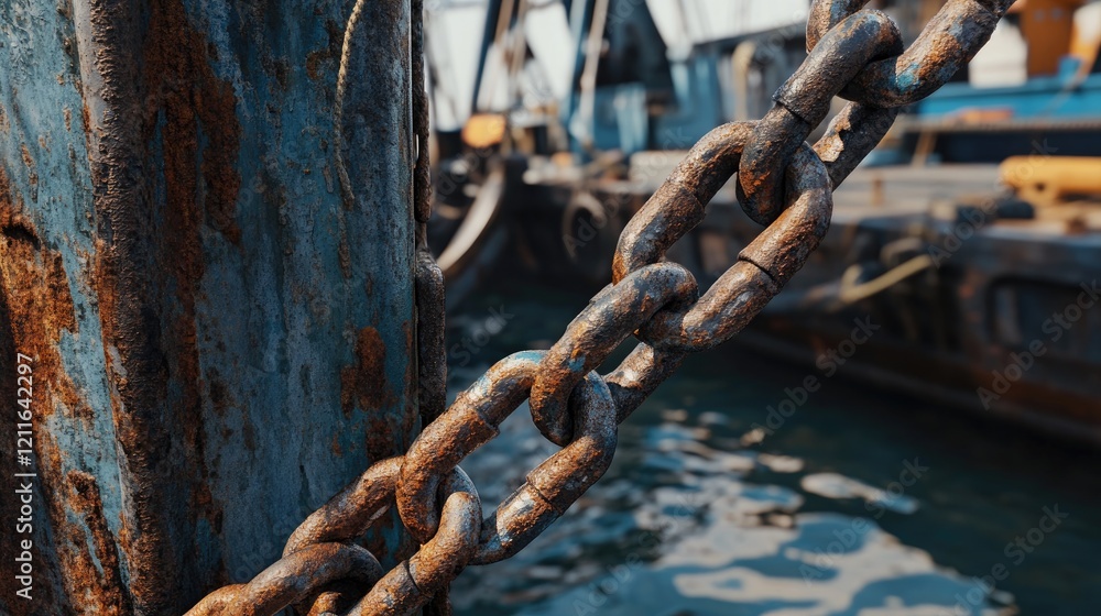 A close-up of a rustic old ship's chain with rusty shackles, set against the backdrop of a cargo vessel at sea, evoking the history of maritime transport. A close-up of a rustic old ship's chain with rusty shackles, set against the backdrop of a cargo vessel at sea, evoking the history of maritime transport.