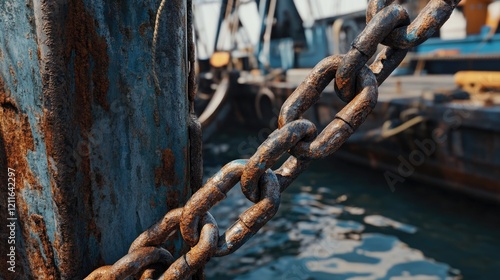 A close-up of a rustic old ship's chain with rusty shackles, set against the backdrop of a cargo vessel at sea, evoking the history of maritime transport.