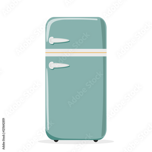 Retro-style refrigerator in mint green with a double-door design. Vector illustration for kitchen decor, appliance design, or vintage-themed projects