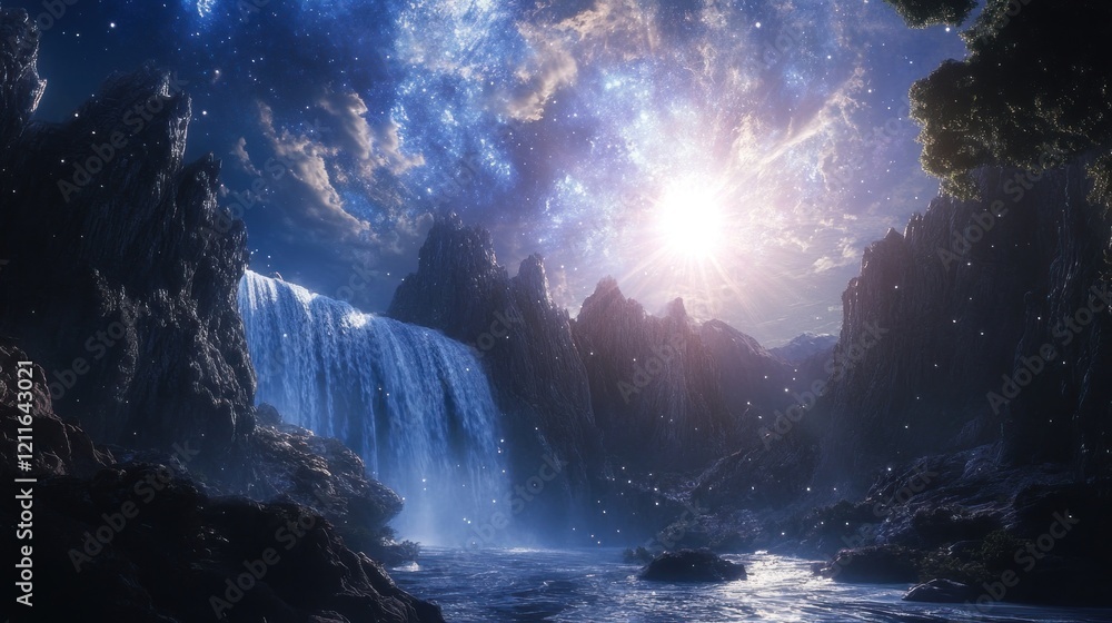 Fototapeta premium Celestial Waterfall: A Dreamlike Night Landscape
