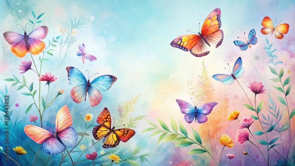 Fototapeta premium Serene Watercolor Butterflies Dancing Amongst Vibrant Wildflowers on a Dreamy Pastel Background