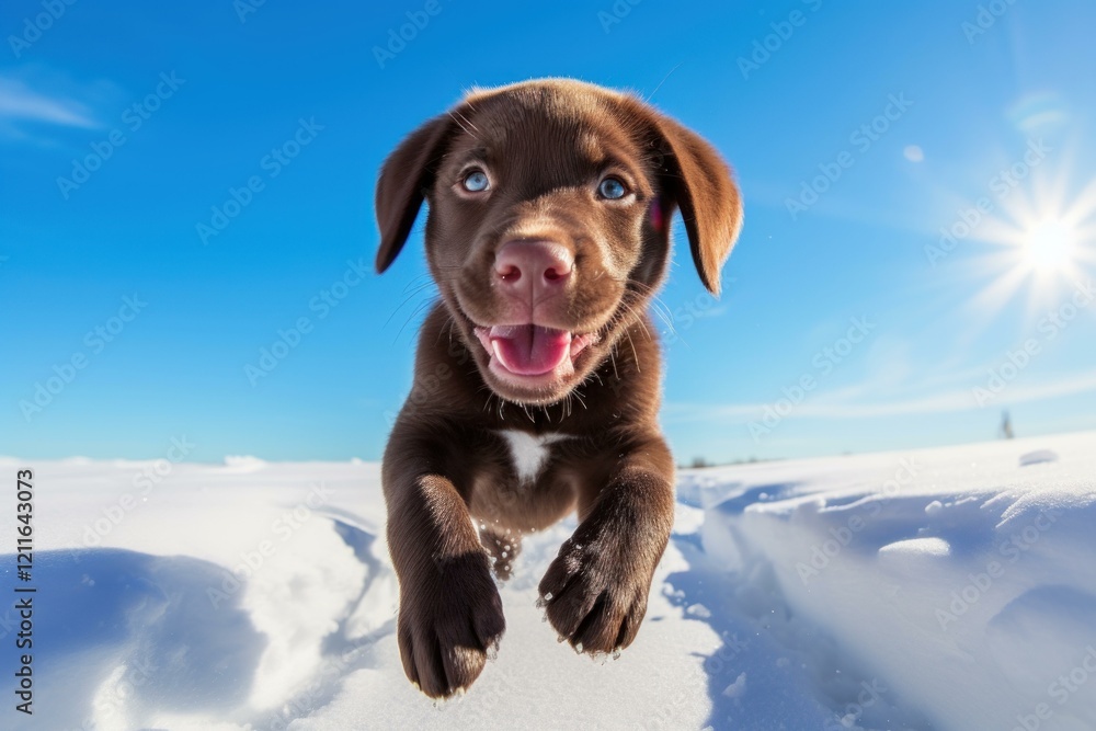 Happy chocolate labrador puppy jumping towards camera in snowy field on beautiful sunny winter day Happy chocolate labrador puppy jumping towards camera in snowy field on beautiful sunny winter day