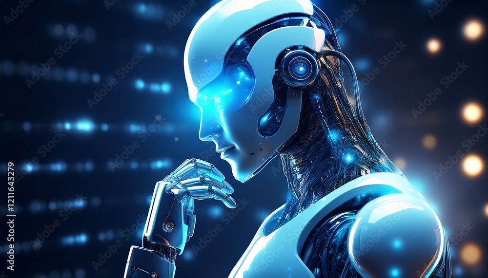 Fototapeta premium Futuristic AI Robot – Thinking Cyborg with Blue Lights, Advanced Technology, Artificial Intelligence Concept, and Robotics Design