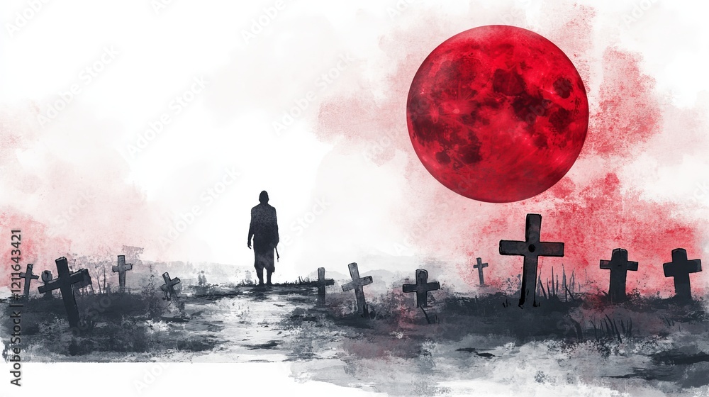 Fototapeta premium Solitude Under a Blood Moon in a Cemetery