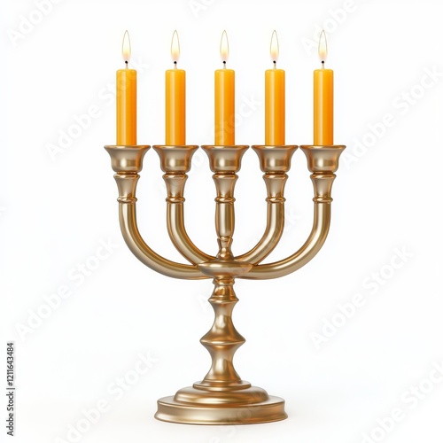 A golden menorah with six orange candles, symbolizing light and celebration, set against a plain white background. photo