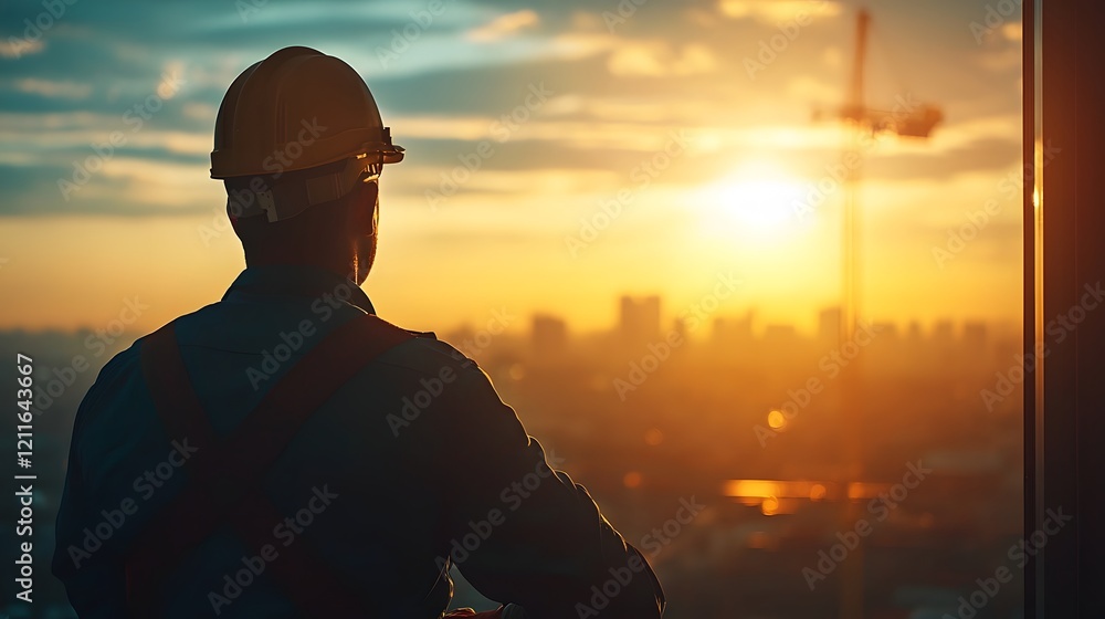 Fototapeta premium Skilled Worker Installing Glass Window During Urban Construction at Sunset