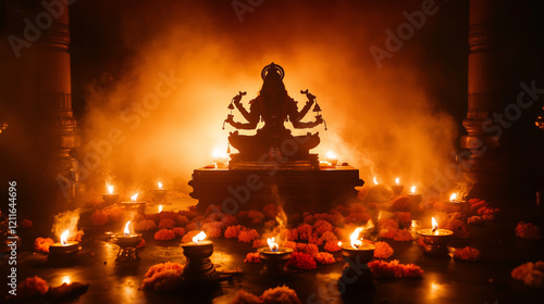 Chaitra Navratri, silhouette of Goddess Durga against the backdrop of orange and red twilight sky, small lamps lit around a simple altar, Ai generated images