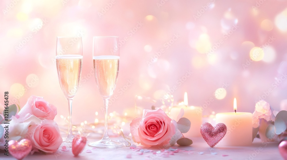 Romantic celebration with champagne, roses and candles on valentine's day Romantic celebration with champagne, roses and candles on valentine's day