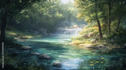 Tranquil Forest Stream with Gentle Waterfall Flowing into a Clear Pool of Water