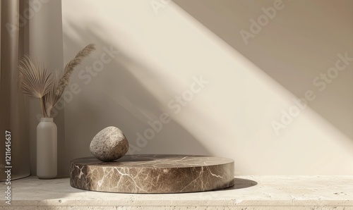 Brown Round Marble Platform Display with Sphere Stone and Vase On Beige Wall Studio Background for Product Presentation. Products Showcase display