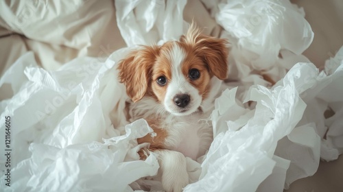 A mischievous puppy tangled in toilet paper, looking innocently at the camera in a cozy indoor setup photo