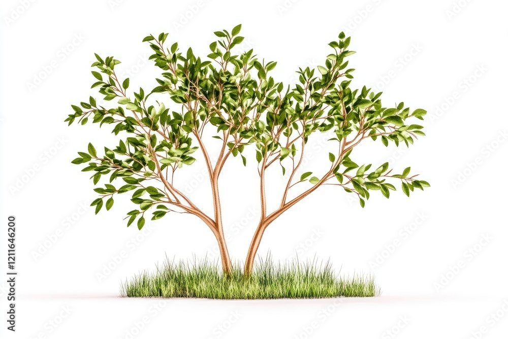 Lush green tree with vibrant leaves standing on grass against a white background Lush green tree with vibrant leaves standing on grass against a white background