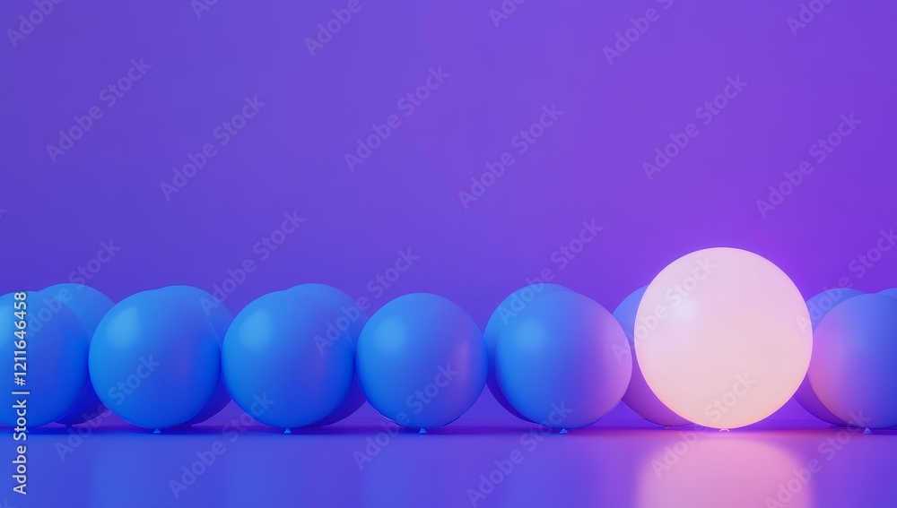 Glowing sphere stands out from a row of blue spheres on purple background. Glowing sphere stands out from a row of blue spheres on purple background.