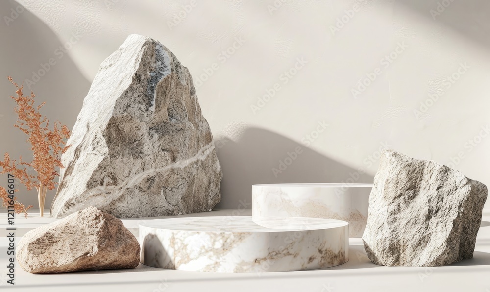 3D Podium Cylinder Stage Level Steps Marble Foundation Display with Natural Rocks Elements For Product Presentation